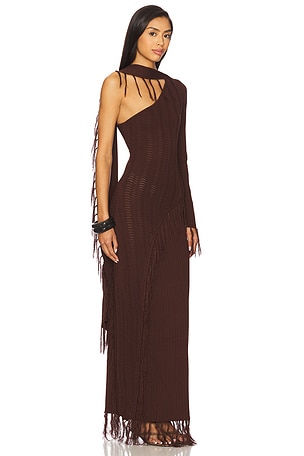 YLLW THE LABEL Elise Fringe Dress in Brown
