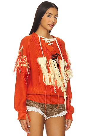 Yuhan Wang Letterman Fringed Hockey Pullover in Red. Size XL. Also