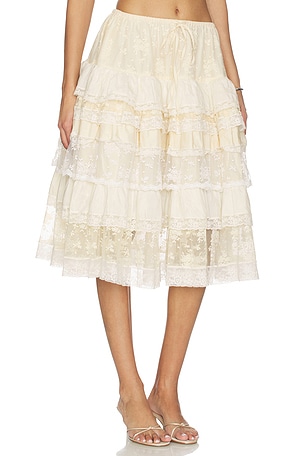 Yuhan Wang Tiered Lace Ruffle Skirt in Beige