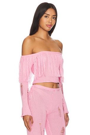 Zemeta Bay Tassel Off Shoulder Knit Top in Pink