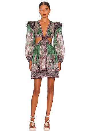 Zimmermann Ruffle Mini Dress in Teal Paisley | REVOLVE