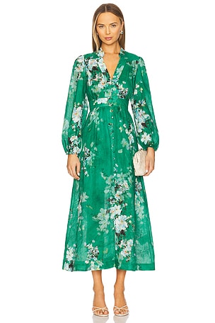 Everley Plunge Midi Dress in Green Watercolor Floral Zimmermann