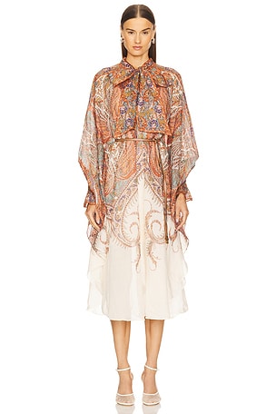 Zimmermann Rhiannon Tie Neck Midi Dress in Orange,Cream