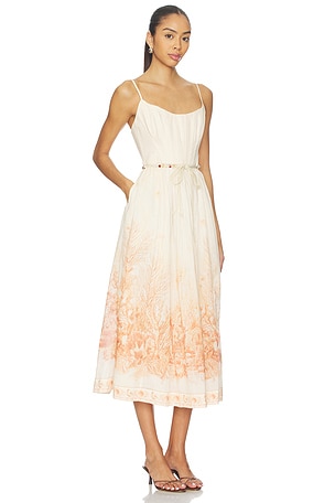 Zimmermann Wanderlust Corset Midi Dress in Coral