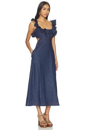 Zimmermann Aster Denim Frill Midi Dress in Blue