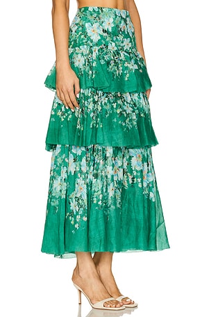 Zimmermann Everley Tiered Midi Skirt in Green