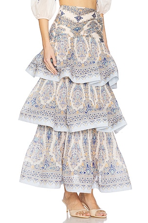 Zimmermann Tiered Pleated Skirt in Baby Blue,Nude