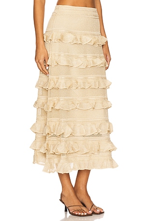 Zimmermann Lace Frill Midi Skirt in Metallic Gold
