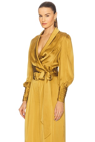 Zimmermann Silk Wrap Top in Olive,Mustard