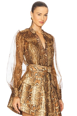 Zimmermann Hypnotic Smocked Blouse in Brown