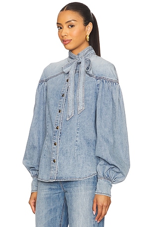 Zimmermann Denim Tie Neck Blouse in Blue