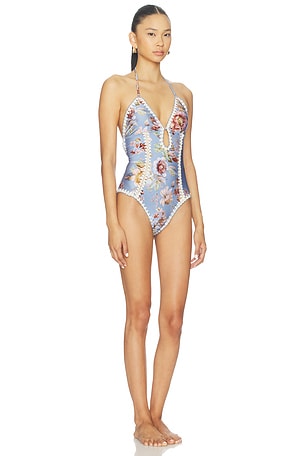 Zimmermann Awaken Crochet Keyhole One Piece Swimsuit in Baby Blue