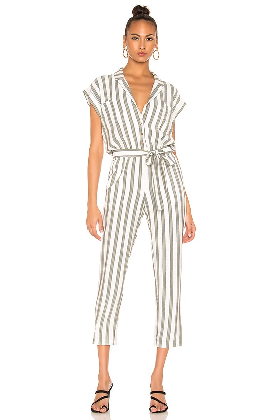 view 1 of 3 Button Front Regancy Stripe Jumpsuit in Sage Vine