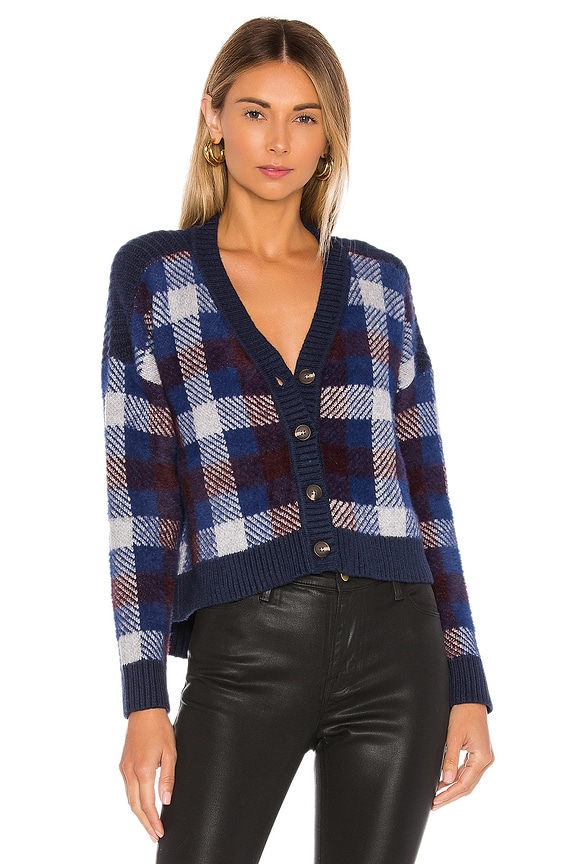 view 2 of 5 Button Front Plaid Eyelash Cropped Cardigan in Blue Velvet