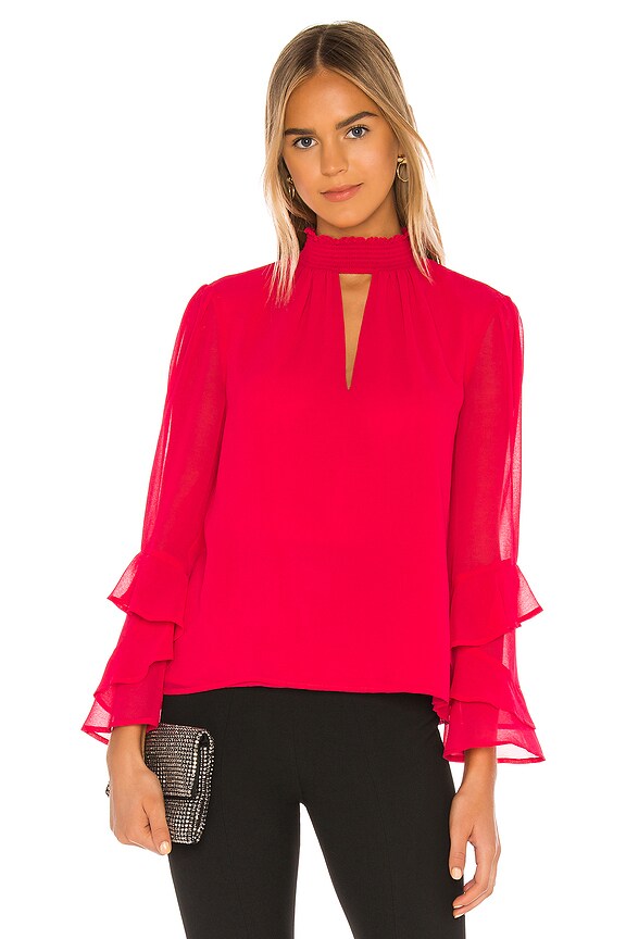 Pink Ruffle Neck Blouse 1. STATE Smocked Neck Ruffle Blouse in Retro Pink | REVOLVE