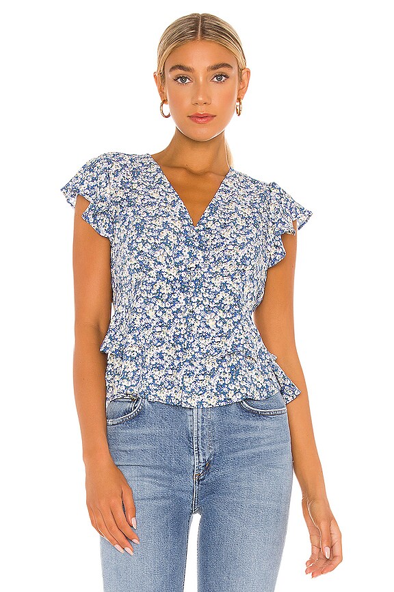 1. STATE Flutter Sleeve Button Front Blouse in Blue Floral | REVOLVE