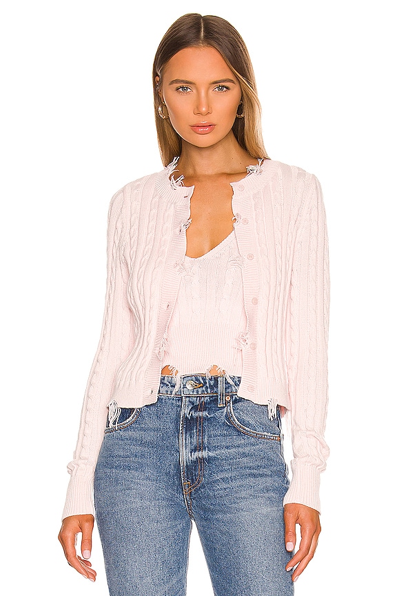 525 Cable Distressed Cardigan in Light Pink | REVOLVE