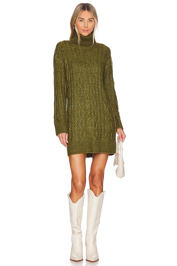 525 Turtleneck Cableknit Sweater Dress in Olive | REVOLVE
