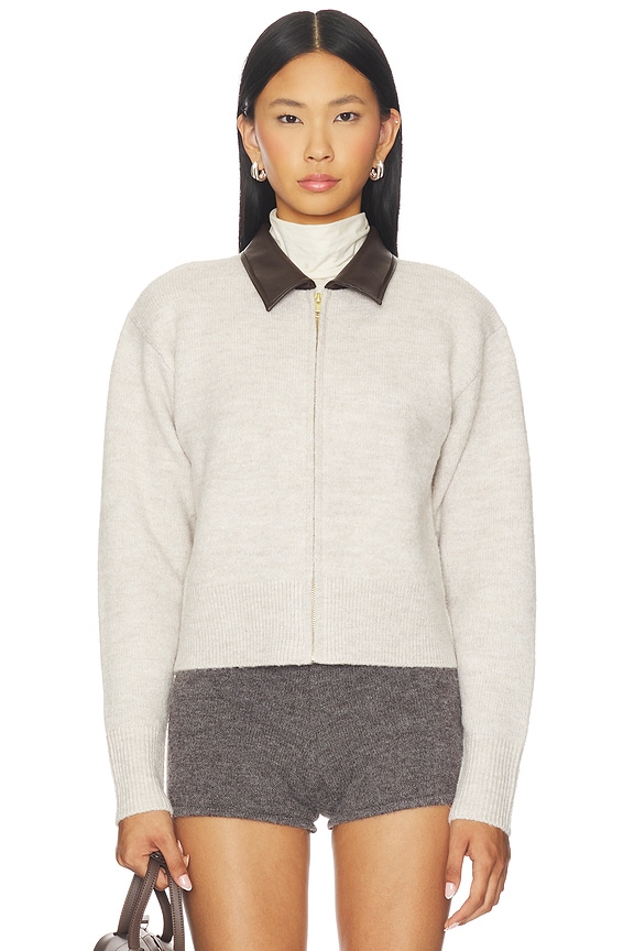 view 1 of 4 Faux Leather Collar Zip Up Cardigan in Oatmeal Combo