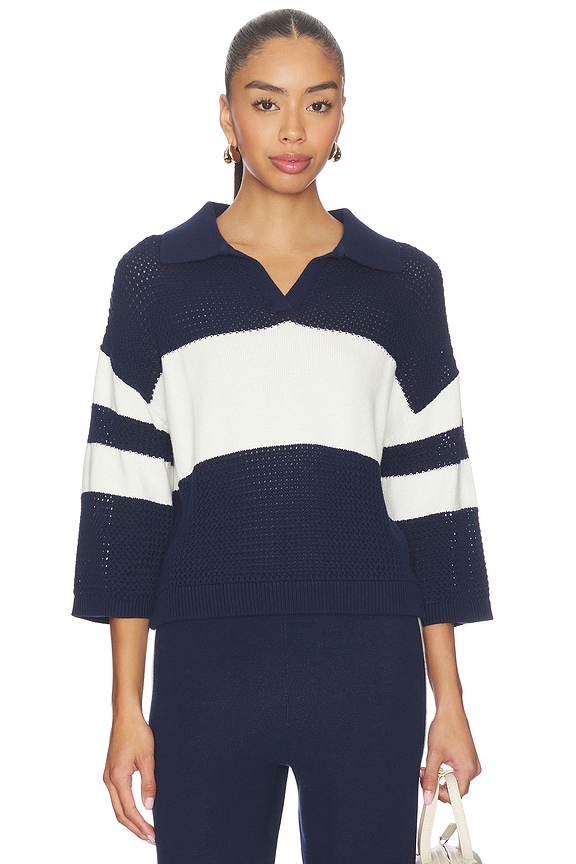 view 1 of 4 Zuri Johnny Collar Mesh Rugby Pullover in Dark Blue Combo