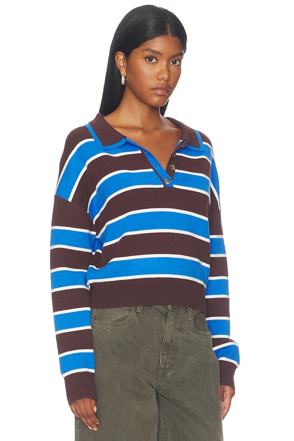 view 2 of 4 Vera Double Johnny Collar Rugby Stripe Pullover Sweater in Chocolate Plum Combo