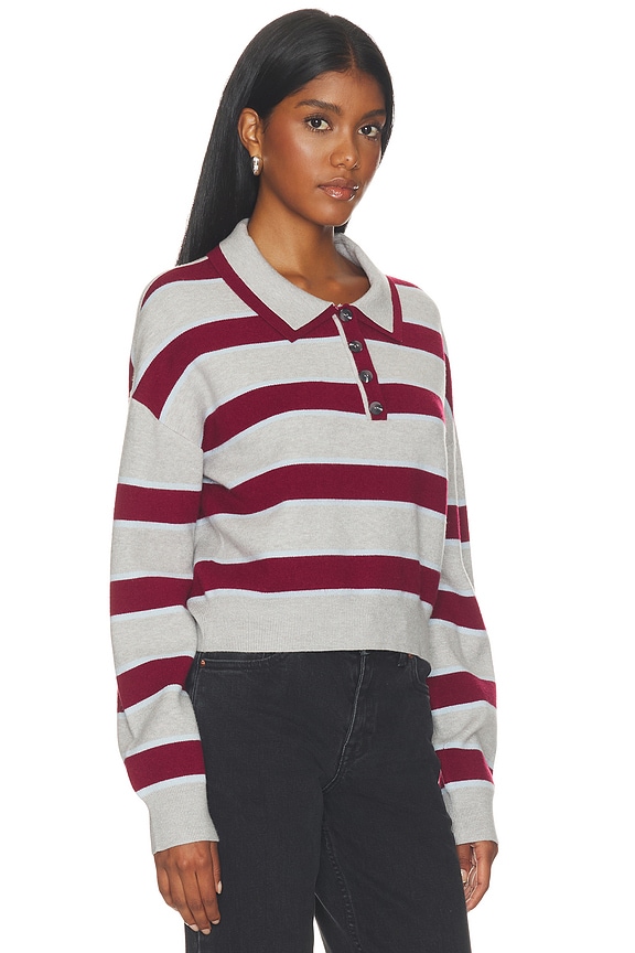 view 2 of 4 Vera Double Johnny Collar Rugby Stripe Pullover Sweater in Grey Pearl Combo