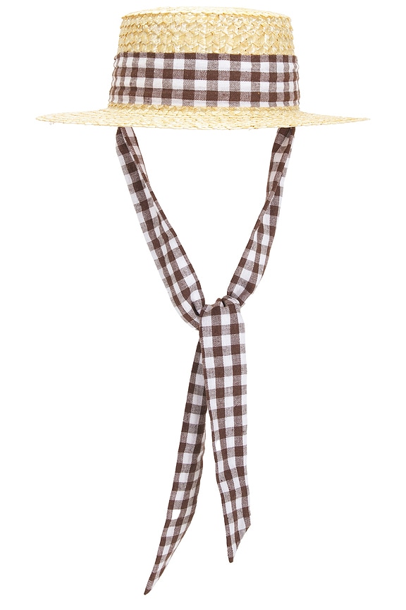 view 2 of 3 Straw Boater Hat With Gingham Ribbon Band in Natural