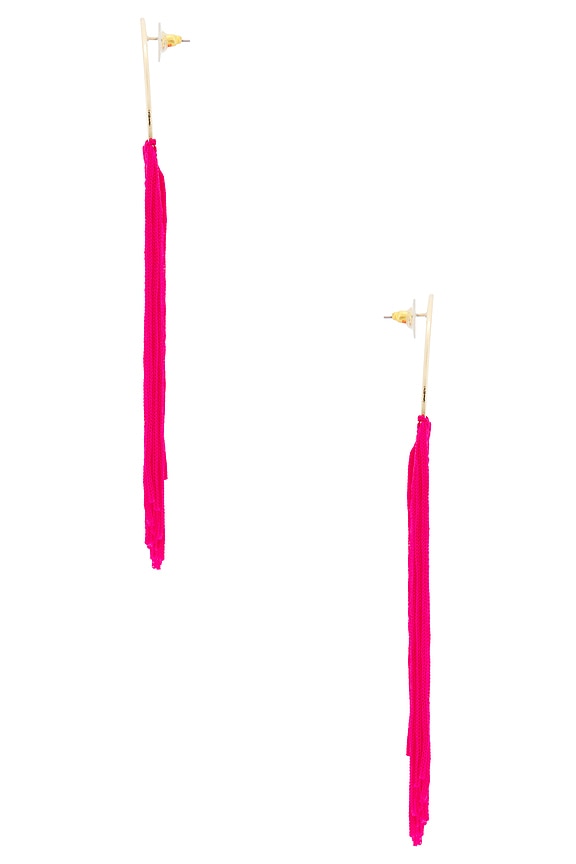 view 2 of 2 Round Top & Flowing Fringe Tassel Statement Earrings in Gold & Fuchsia