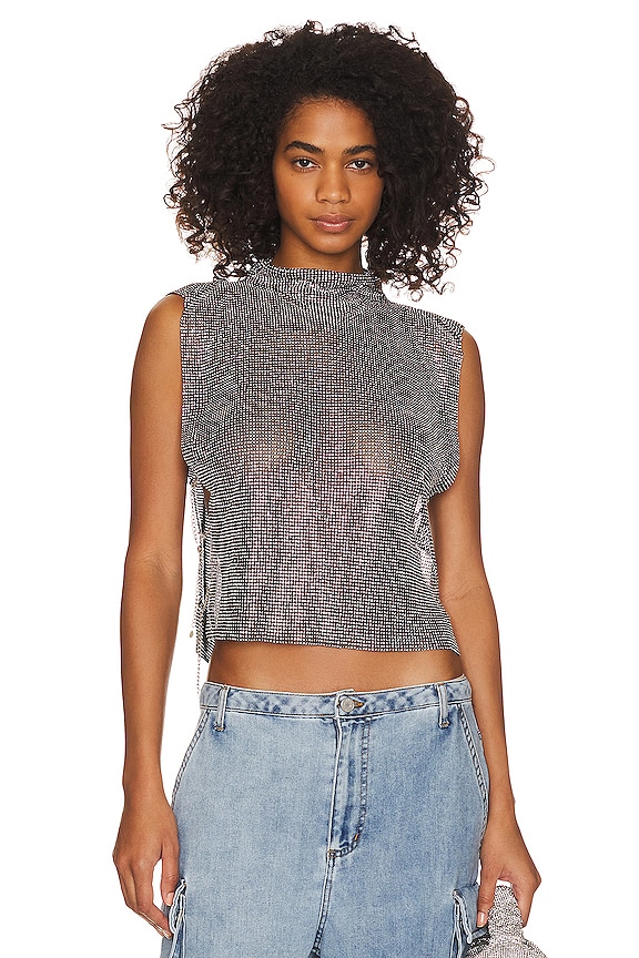 view 2 of 6 Rhinestone Mesh Cowl Neck Top in Black