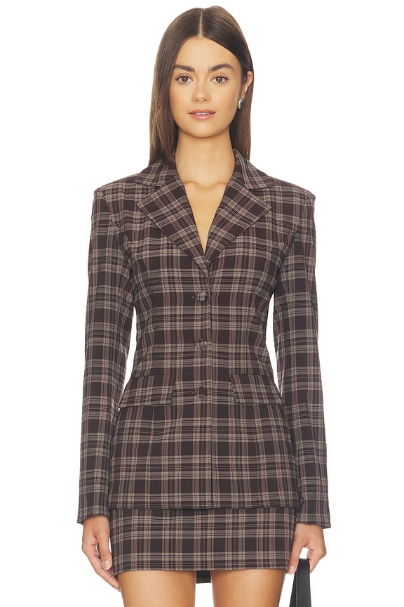 brown plaid blazer dress ALL THE WAYS Aurelia in Size:J16 Category:RED DRESSES Karlie Linen Beach Shirt Majorelle dolly 100% Polyester