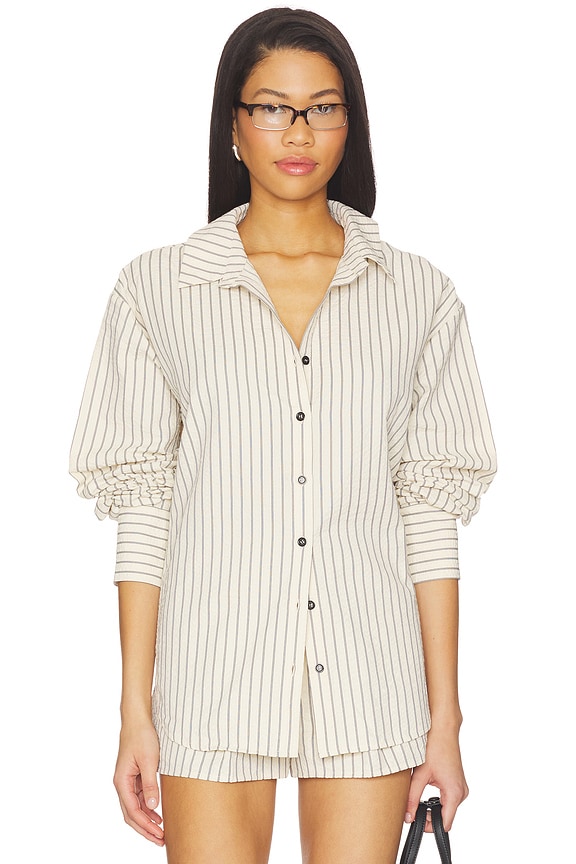 view 1 of 6 Kadence Button Up Top in Beige & White Stripe