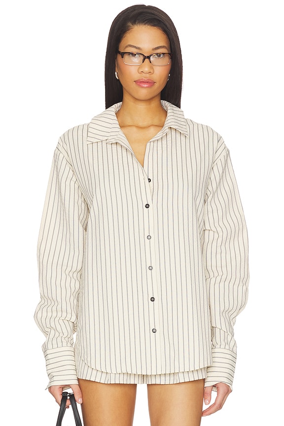 view 2 of 6 Kadence Button Up Top in Beige & White Stripe