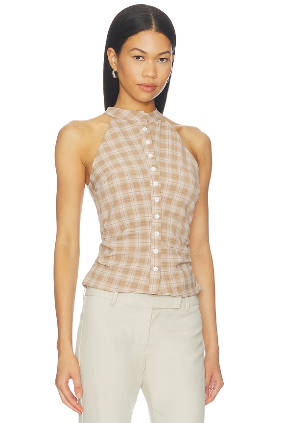 view 2 of 5 Karie Button Front Top in Brown Plaid
