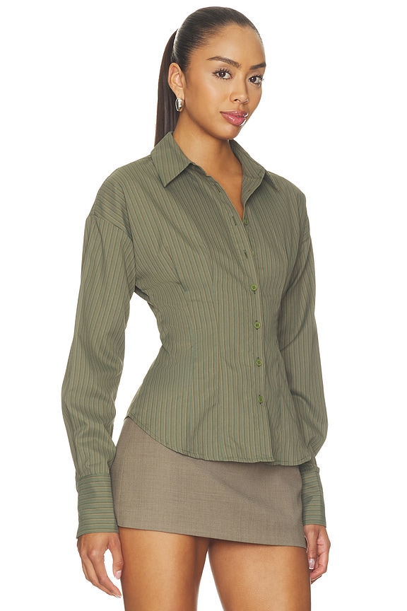 view 2 of 5 Jeyne Button Up Top in Olive Stripe