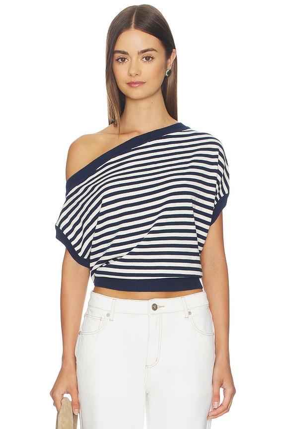 view 1 of 6 Cold Shoulder Knit Top in Blue Stripe