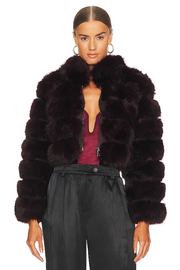 Adrienne Landau x REVOLVE Faux Fox Fur Jacket in Burgundy | REVOLVE