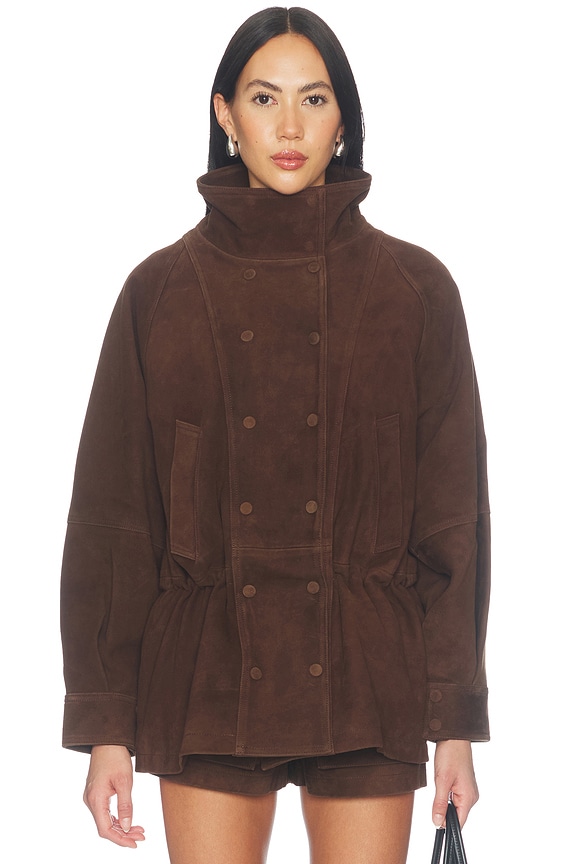 view 2 of 5 Lamb Leather Suede Cinched Mid Jacket in Espresso Brown