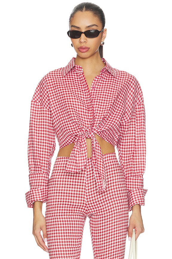 view 1 of 5 Linen Shirt Tie Top in Gingham Red