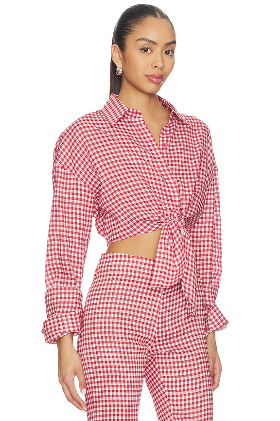 view 2 of 5 Linen Shirt Tie Top in Gingham Red