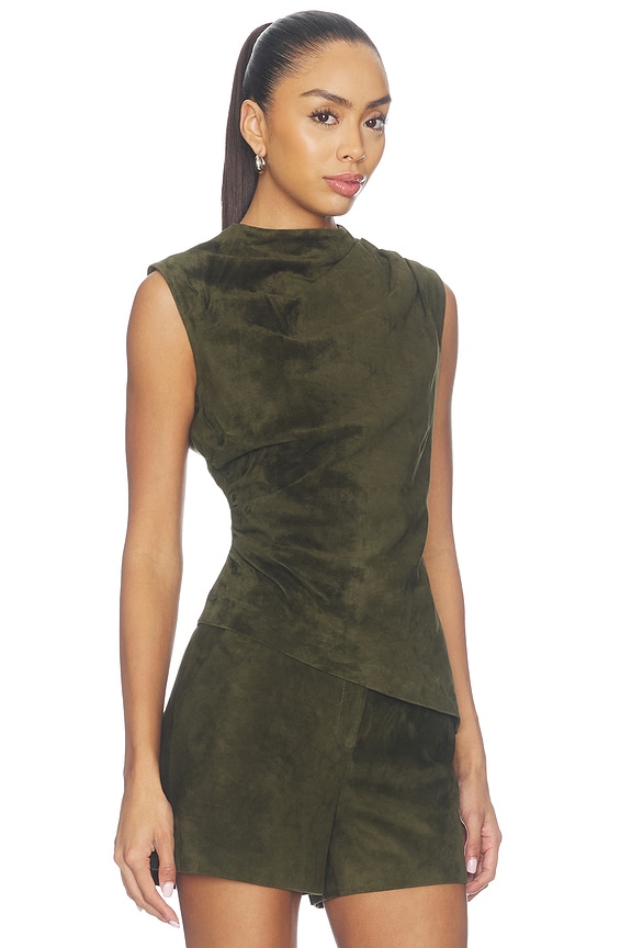 view 2 of 5 Lamb Leather Suede Ruched Top in Olive Green