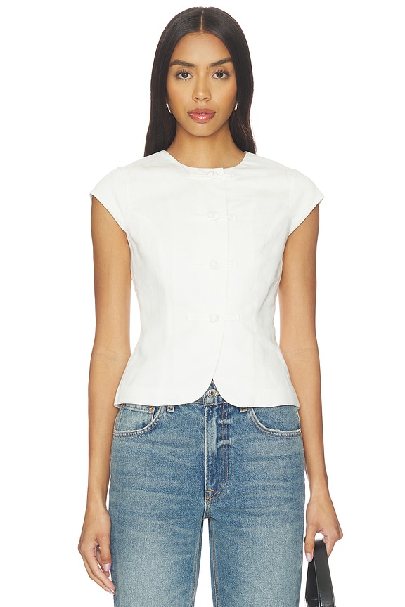 view 1 of 5 Connie Linen Mix Button Up Top in White