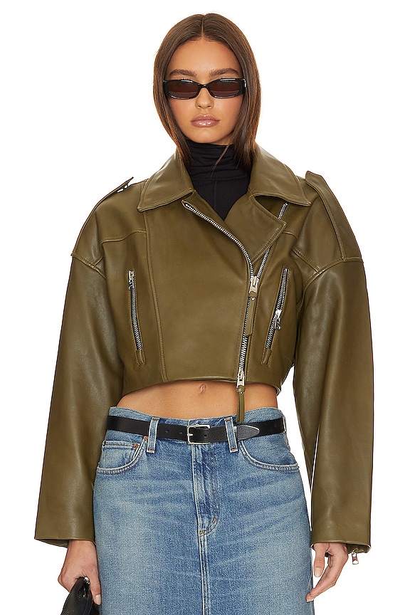 view 2 of 5 X Shoreditch Ski Club Remi Cropped Leather Biker Jacket in Grass