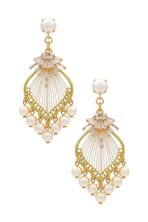 Anton Heunis Woven Chandelier Earrings in Cream, Crystal & Gold | REVOLVE