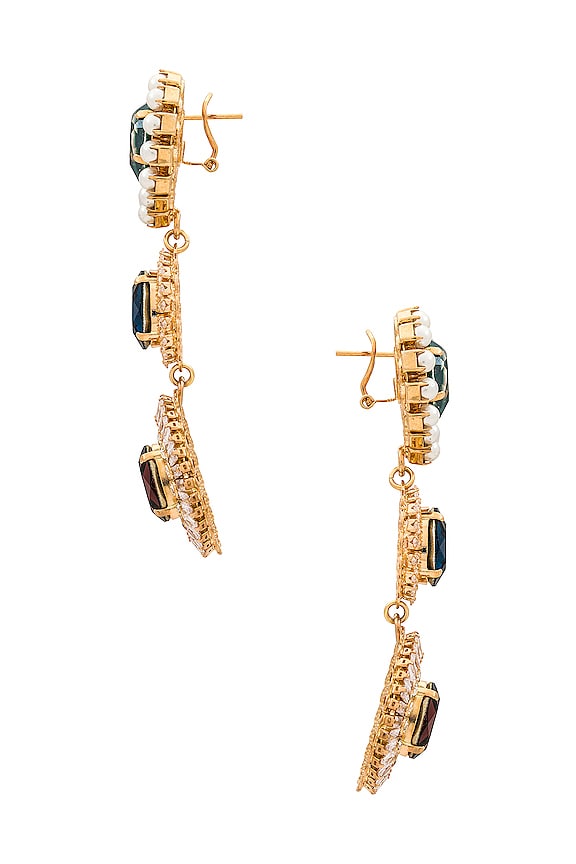 view 2 of 2 Multi Gem Cluster Chandelier Earrings in Green, Blue, Garnet, & Cream