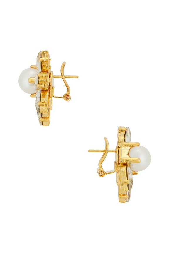 view 2 of 2 Omega Clasp Flower Motif Stud Earrings in Cream, Crystal, & Gold
