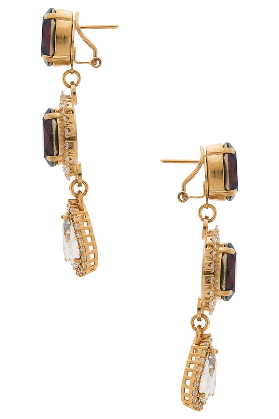 view 2 of 2 Omega Clasp Double Drop Chandelier Drop Earrings in Burgundy, Crystal, & Gold
