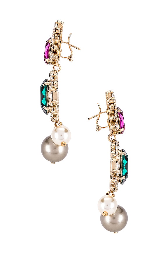 view 2 of 3 Crystal Cluster & Pearl Pendant Earring in Green, Fuchsia & Gold