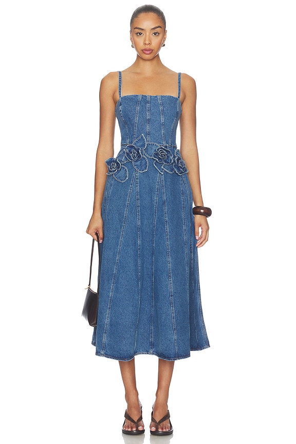 view 1 of 3 Eryn Midi Denim Dress With 3d Rose Detail in Blue Denim