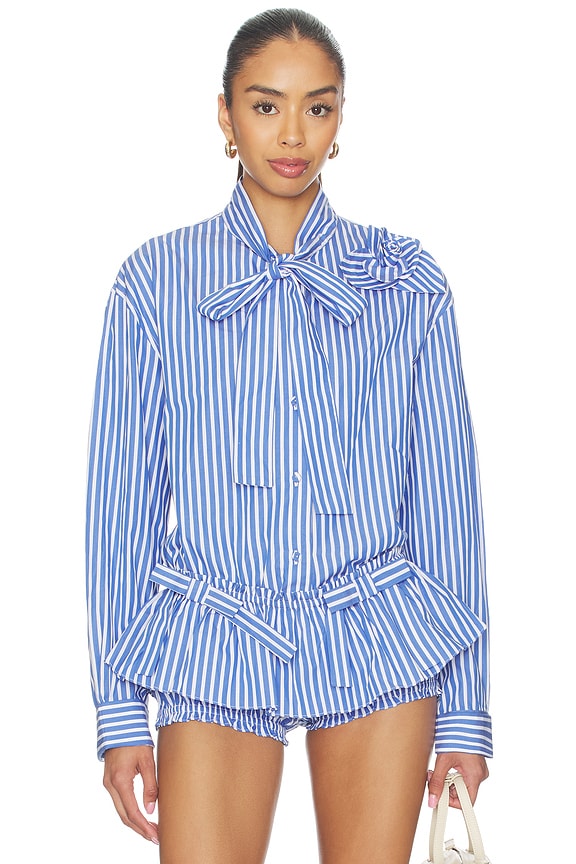 view 1 of 5 Flor Poplin Deep Blue Stripe Shirt With One Rose in Deep Blue