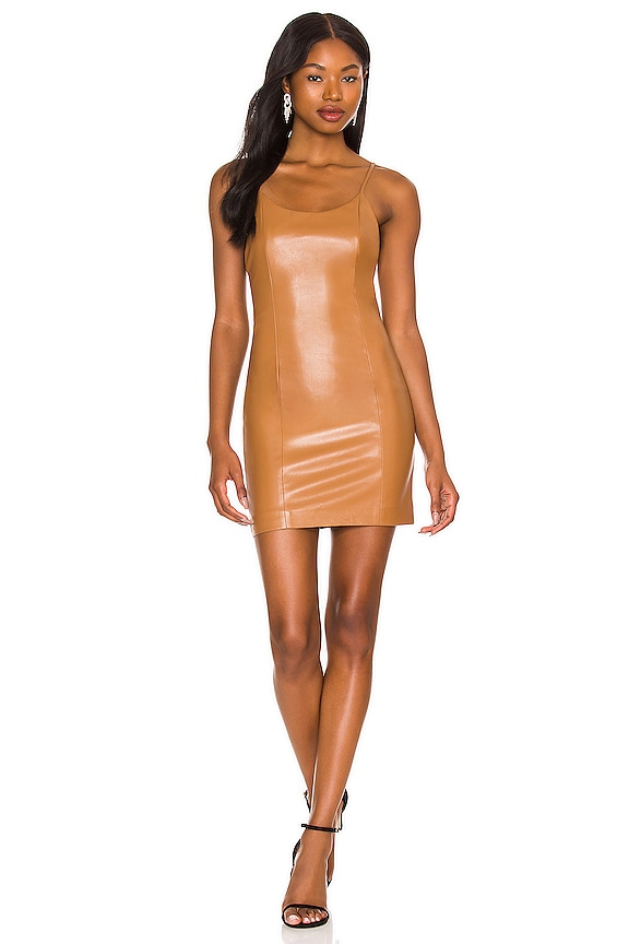view 1 of 3 Nelle Vegan Leather Fitted Mini Dress in Camel